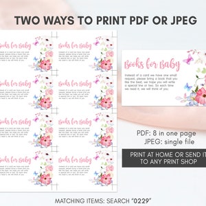 May include: Printable baby shower invitation cards with a floral design and butterflies. The text on the cards reads "Books for Baby" and asks guests to bring a book instead of a card. The text also includes instructions for printing the cards as an 8-page PDF or a single JPEG file.