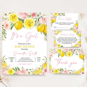 Editable Pink Floral Lemon Baby Shower Invitation Bundle, Girl Lemonade Baby Shower Invite Set, Summer Citrus Baby Shower Invitation, 0718