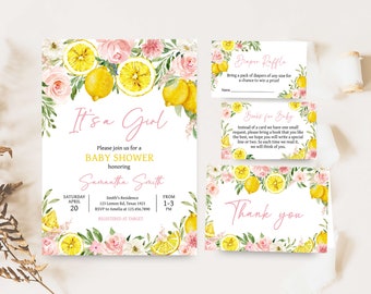 Editable Pink Floral Lemon Baby Shower Invitation Bundle, Girl Lemonade Baby Shower Invite Set, Summer Citrus Baby Shower Invitation, 0718