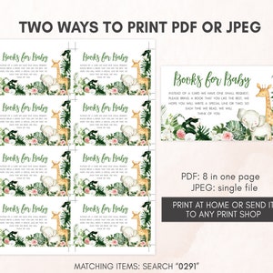 May include: Baby shower invitation cards with a jungle theme. The cards feature illustrations of a giraffe and elephant, with text that reads "Books for Baby". The cards are available as a PDF with eight cards per page or a single JPEG file.