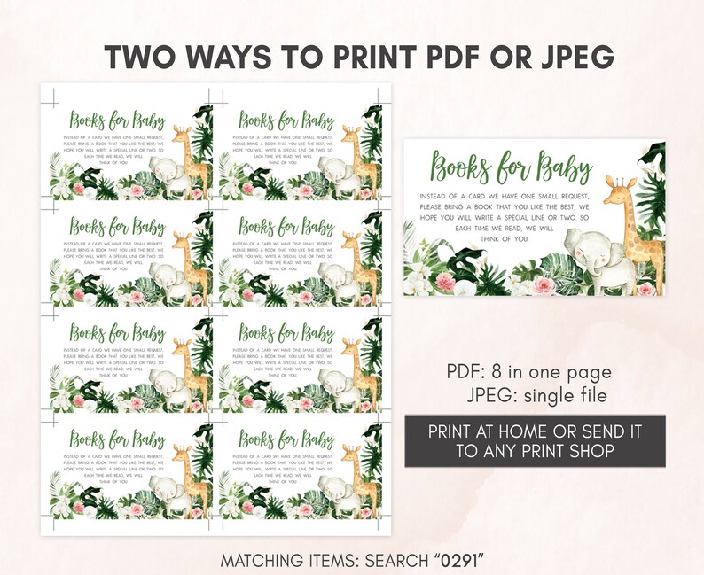 May include: Baby shower invitation cards with a jungle theme. The cards feature illustrations of a giraffe and elephant, with text that reads "Books for Baby". The cards are available as a PDF with eight cards per page or a single JPEG file.