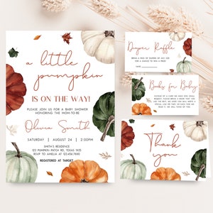 Editable Minimalist Pumpkin Baby Shower Invitation Bundle, Gender Neutral Fall Baby Shower Invite Set, Burgundy Pumpkin Baby Shower, 0875