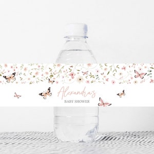Bewerkbaar baby in bloei fles babyshower label, vlinder waterlabel babyshower, vlinders wilde bloemen lente waterfles stickers 0674 afbeelding 1