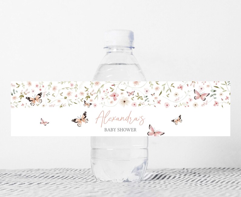 Bewerkbaar baby in bloei fles babyshower label, vlinder waterlabel babyshower, vlinders wilde bloemen lente waterfles stickers 0674 afbeelding 1