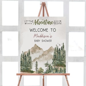 Let the Adventure Begin Baby Shower Welcome Sign Woodland Baby Shower Forest Pine Trees Mountain Welcome Sign Gender Neutral Template 0193