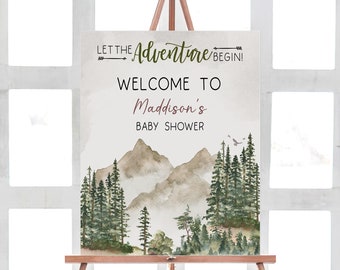 Let the Adventure Begin Baby Shower Welcome Sign Woodland Baby Shower Forest Pine Trees Mountain Welcome Sign Gender Neutral Template 0193