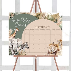 Bearbeitbarer Boho Wild One Babyparty Fälligkeitsdatumskalender, Boho Safari Dschungel-Babypartykalender, Safari Tiere Geburtstagsvorhersagen, 0517