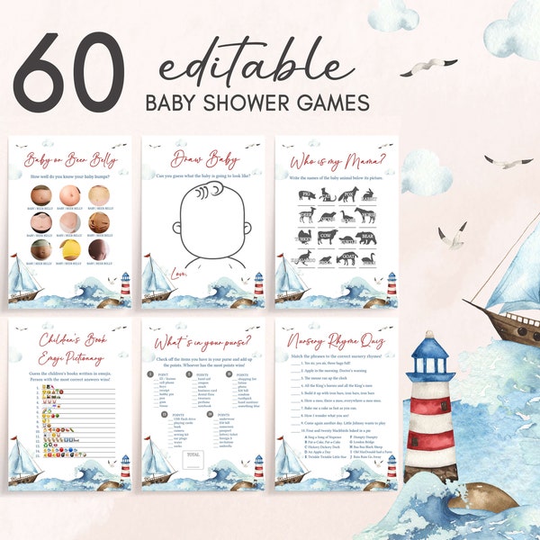 Editable Nautical Baby Shower Games Bundle, Ahoy It's A Boy Baby Shower Game Pack, Blue Boat Nautical, Boy Baby Shower Games Template, 0781