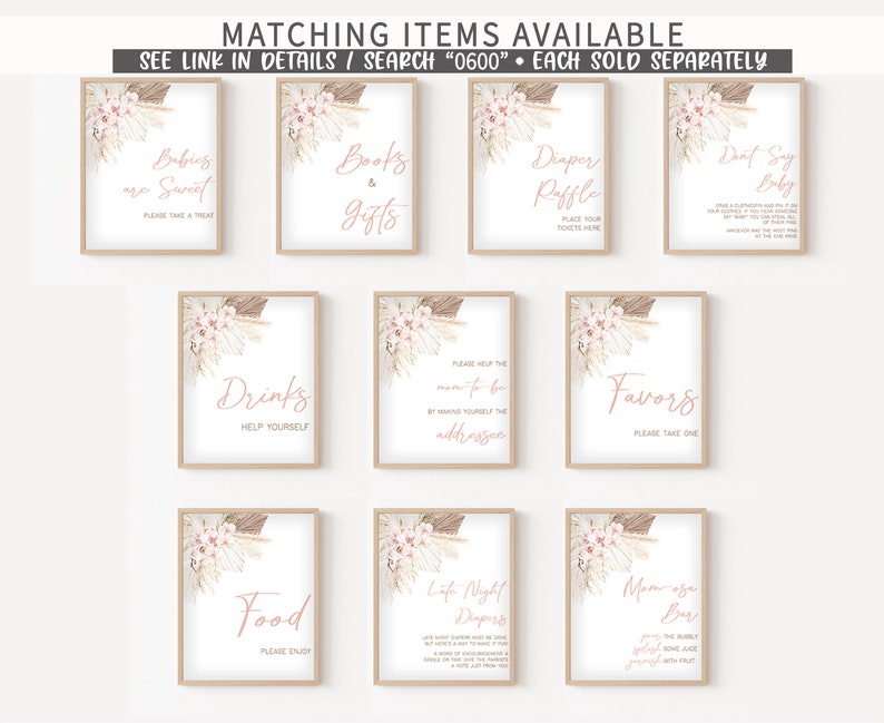 Puede incluir: Nueve carteles imprimibles para un baby shower con tem&aacute;tica boho. Los carteles est&aacute;n decorados con flores rosas y hierba de la pampa. Los carteles incluyen "Los beb&eacute;s son dulces", "Libros y regalos", "Rifa de pa&ntilde;ales", "No digas beb&eacute;", "Bebidas", "Por favor, ayuda a la futura mam&aacute;", "Favores", "Comida", "Pa&ntilde;ales nocturnos" y "Barra de mimosas para mam&aacute;".