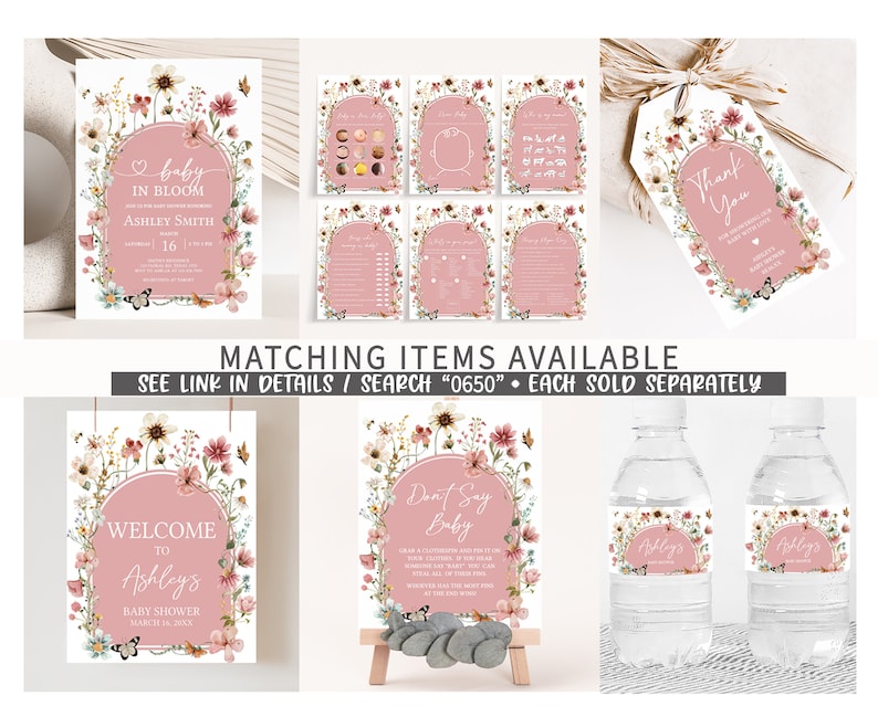 Bearbeitbares Baby in Bloom Babypartyspiele Bundle, Wildblumen-Babyparty-Spielpaket, Muted Pink Boho Frühlingsblumen-Babypartyspiele, 0650 Bild 2