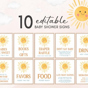 Cartello da tavolo per baby shower modificabile "Ecco che arriva il figlio", cartello retrò Boho Sunshine Baby Shower Bundle, decorazione per baby shower "Ecco che arriva il sole", 01053