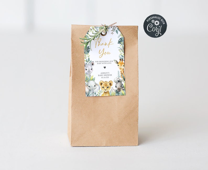 Etiquetas editables Wild One Baby Shower Favor, Jungle Safari Baby Shower Gift Tag, Greenery Safari Animals Baby Shower Gracias Favor Tags, 0648 imagen 1