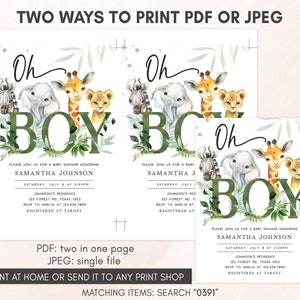 Peut inclure: Invitation de f&ecirc;te pr&eacute;natale imprimable sur le th&egrave;me de la jungle avec une illustration mignonne d'une girafe, d'un &eacute;l&eacute;phant et d'un lion. Le texte indique "Oh Boy" et comprend les d&eacute;tails de l'&eacute;v&eacute;nement, tels que la date, l'heure et le lieu. L'invitation est disponible en deux formats&nbsp;: PDF (deux pages) et JPEG (une page).