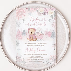 Bearbeitbare Rosa Winter-Bär-Babyparty-Einladung, Mädchen-Bär Winter-Babyparty-Einladung, Rosa Schneeflocke-Baby Es ist kalt draußen einladen, 0521 Bild 1