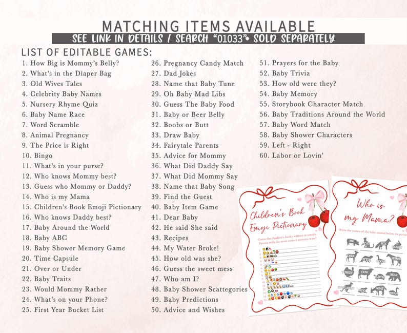 a list of matching items available for a baby shower