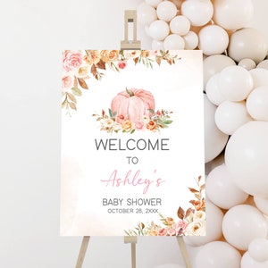 Editable Fall Pink Pumpkin Baby Shower Welcome Sign, Girl Little Pumpkin Baby Shower Welcome Poster, Fall Floral Pumpkin Baby Shower, 0503
