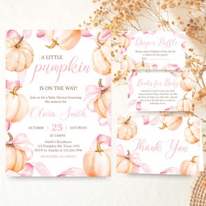 Editable Pink Bow Pumpkin Baby Shower Invitation Bundle, Coquette Bow Fall Baby Shower Invite Set, Pink Coquette Pumpkin Shower Invite 01143