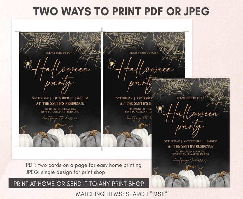 two halloween party flyers with pumpkins and spider web
