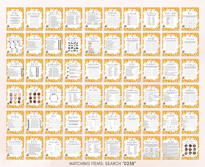 Peut inclure: Un ensemble de 36 cartes de jeu de baby shower imprimables sur le th&egrave;me des abeilles et des rayons de miel. Les cartes pr&eacute;sentent divers jeux tels que "Devinez la nourriture pour b&eacute;b&eacute;", "Qui conna&icirc;t le mieux maman" et "Baby Bingo".