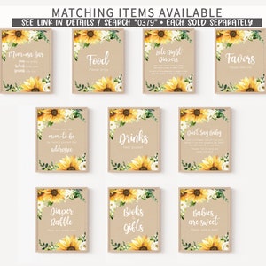 May include: A collection of ten rectangular signs with a rustic brown background, each adorned with a watercolor sunflower and greenery design. The signs feature text such as "Mom-esa Bar," "Food," and "Favors." The text "MATCHING ITEMS AVAILABLE" is at the top.