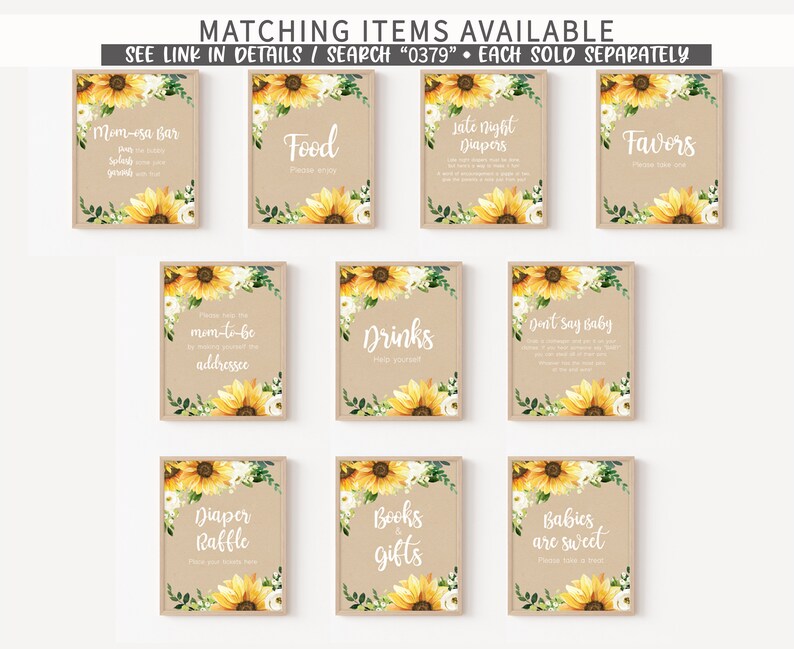 May include: A collection of ten rectangular signs with a rustic brown background, each adorned with a watercolor sunflower and greenery design. The signs feature text such as "Mom-esa Bar," "Food," and "Favors." The text "MATCHING ITEMS AVAILABLE" is at the top.
