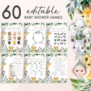 Paquete editable de juegos de baby shower A Little Wild One, paquete de juegos de baby shower Jungle Safari, juegos de baby shower Greenery Safari Animals, 0601 imagen 1