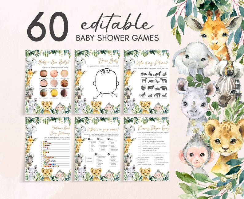 Paquete editable de juegos de baby shower A Little Wild One, paquete de juegos de baby shower Jungle Safari, juegos de baby shower Greenery Safari Animals, 0601 imagen 1