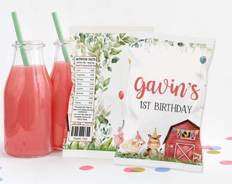 May include: White chip bag with a green and white floral design. The bag has a red barn, a sheep, a horse, and a pig on it. The text on the bag says "Gavin's 1st Birthday".