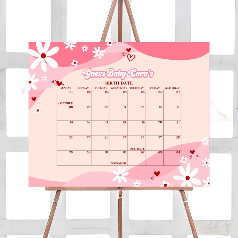 Calendario de fecha de vencimiento de Baby Shower Retro Groovy Valentine Sweetheart editable, Calendario de Baby Shower de San Valentín, Predicciones de cumpleaños del corazón, 0590 imagen 1