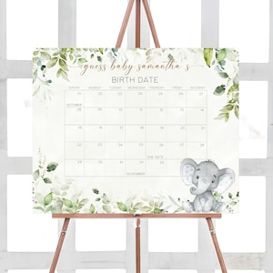 Bearbeitbarer Elefant-Babyparty-Fälligkeitsdatumskalender Greenery Gold Elefant-Babypartykalender Geschlechtsneutraler Elefant-Geburtstags-Vorhersage 0340