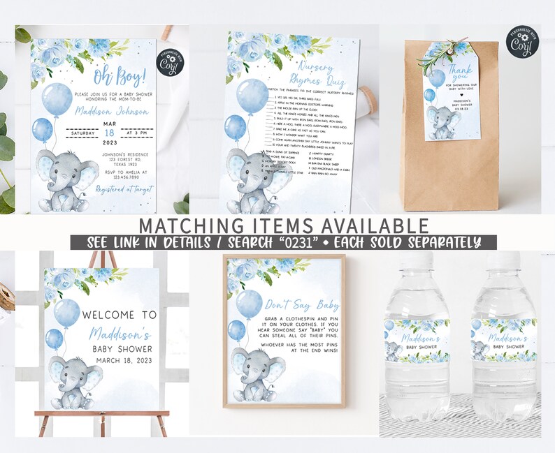 May include: A set of baby shower party decorations featuring a blue and gray elephant with blue balloons. The set includes a welcome sign, a game card, a favor bag, and water bottle labels. The text on the sign reads "Welcome to Maddison's Baby Shower March 18, 2023". The text on the game card reads "Don't Say Baby". The text on the favor bag reads "Thank you". The text on the water bottle labels reads "Maddison's Baby Shower".