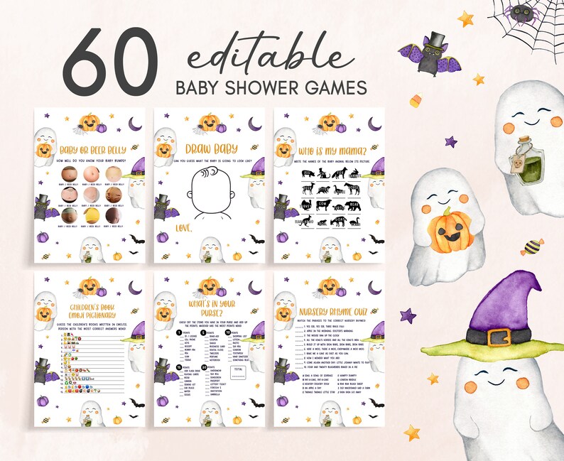 Editable A Little Boo Baby Shower Games Bundle, Gender Neutral Halloween Baby Shower Game Pack, Ghost Baby Shower Games Set Template 0451 image 1