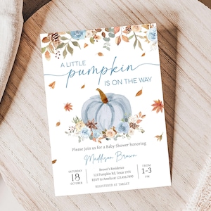 Editable Blue A Little Pumpkin Baby Shower Invitation, Boy Pumpkin Baby Shower Invite, Autumn Leaves Floral Fall Baby Shower Invite, 01119