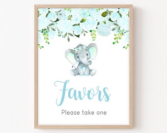 Favors Sign Boy Elephant Baby Shower, Baby Elephant Gifts Sign, Blue Floral Baby Shower Sign, Printable Table Decorations Template 0163