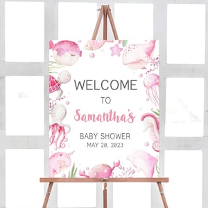 Editable Under the Sea Baby Shower Welcome Sign Ocean Baby Shower Welcome Sign Sea Animals Theme Pink Nautical Sign Printable Template 0265