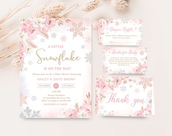 Editable Pink Snowflake Baby Shower Invitation Bundle, Pink A Little Snowflake Baby Shower Invite Set, Girl Winter Baby Shower Invite, 0520