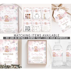 Peut inclure: Ensemble de papeterie pour une baby shower sur le th&egrave;me de l'hiver. Comprend des invitations, des jeux, des &eacute;tiquettes de remerciement, une pancarte de bienvenue et des &eacute;tiquettes pour bouteilles d'eau. Les motifs pr&eacute;sentent un ours en peluche, des flocons de neige et une palette de couleurs rose et grise.