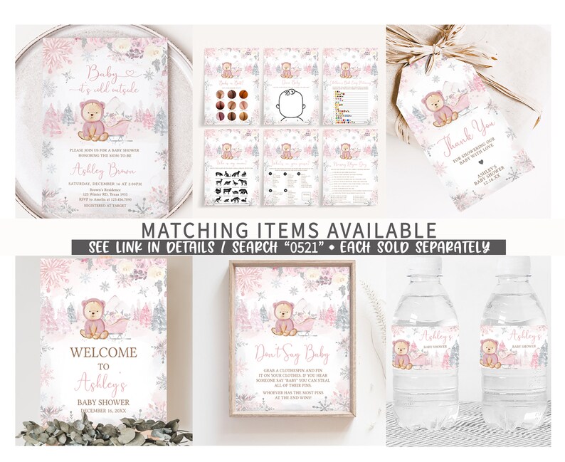 Peut inclure: Ensemble de papeterie pour une baby shower sur le th&egrave;me de l'hiver. Comprend des invitations, des jeux, des &eacute;tiquettes de remerciement, une pancarte de bienvenue et des &eacute;tiquettes pour bouteilles d'eau. Les motifs pr&eacute;sentent un ours en peluche, des flocons de neige et une palette de couleurs rose et grise.