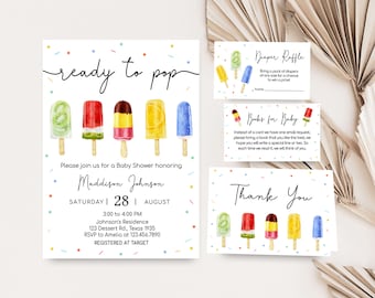 Editable Ready to Pop Baby Shower Invitation Bundle, Gender Neutral Popsicle Baby Shower Invite Set, She's Ready to Pop Baby Shower, 0785