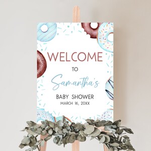 Signo de bienvenida editable de donuts y pañales azules para baby shower, cartel de bienvenida para baby shower de boy donuts, letrero de baby shower con espolvoreado dulce azul, 0652 imagen 1