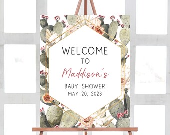 Cartello di benvenuto modificabile per la doccia per bambini Cactus, cartello di benvenuto per la doccia per bambini Boho, cartello per la doccia per bambini nel deserto, modello stampabile per decorazioni succulente 0237