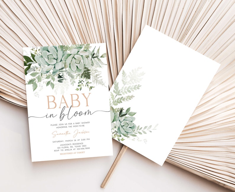 Editable Baby in Bloom Baby Shower Invitation Bundle, Succulent Gender Neutral Baby Shower Invite Set, Succulents Greenery Baby Shower, 0681 image 2