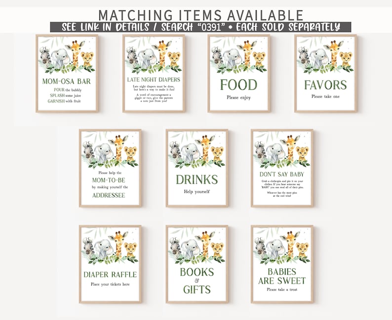 Peut inclure: Neuf pancartes imprimables pour une f&ecirc;te pr&eacute;natale sur le th&egrave;me des animaux de la jungle. Les pancartes repr&eacute;sentent une girafe, un &eacute;l&eacute;phant, un z&egrave;bre et un lion avec des feuilles vertes. Les pancartes portent des titres tels que "Bar &agrave; Mom-osa", "Couches de nuit", "Nourriture", "Faveurs", "Boissons", "Ne dites pas b&eacute;b&eacute;", "Tombola de couches", "Livres et cadeaux" et "Les b&eacute;b&eacute;s sont doux".