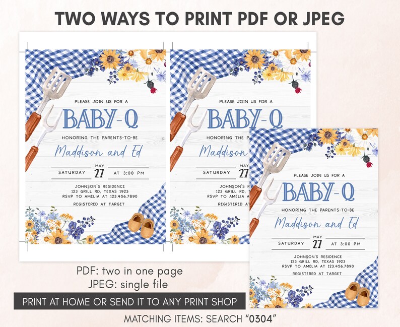 Bearbeitbares Blau BBQ Babypartyeinladungs-Set Baby-Q-Dusche einladen Pack Junge Hinterhof Barbeque Picknick Paare Dusche Printable Vorlage 0304 Bild 3