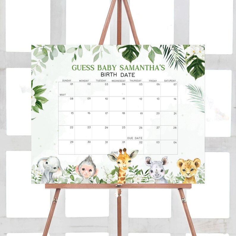 May include: A green and white printable baby shower game with a jungle theme. The game asks guests to guess the baby's birth date. The game features a calendar with the months of May and June, and a due date of June 02. The game also features a variety of jungle animals, including a giraffe, monkey, elephant, and lion.