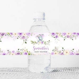 Etiquette modifiable pour biberon éléphant fille, étiquettes d'eau florales violettes pour baby shower éléphant, stickers éléphant violet pour bouteille d'eau,0326