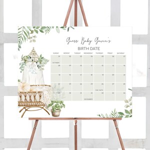 Bearbeitbarer Krippen-Boho-Babyparty-Fälligkeitsdatumskalender, minimalistischer Greenery-Babypartykalender, geschlechtsneutrale moderne Kinderzimmer-Babyankunft 01063
