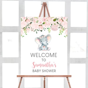 Signo de bienvenida de baby shower de elefante rosa, signo de baby shower de niña floral rubor, cartel de bienvenida de maní pequeño imprimible, descarga instantánea 0162