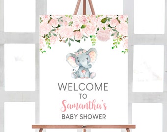 Pink Elephant Baby Shower Welcome Sign, Blush Floral Girl Baby Shower Sign, Printable Little Peanut Welcome Poster, Instant Download 0162