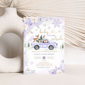 Editable Purple Winter Woodland Baby Shower Invitation Bundle, Girl Woodland Winter Baby Shower Invite Set, Girl Baby It's Cold Outside 0534 image 3